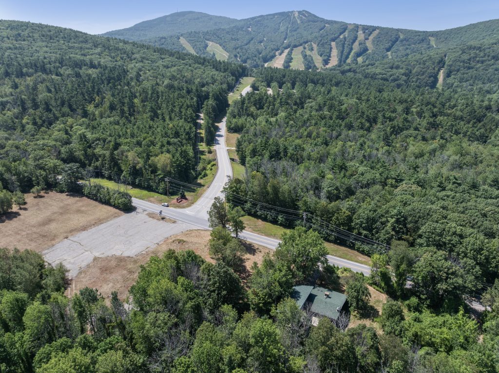 Aerial shot of historic Arlberg Inn site looking at Gunstock